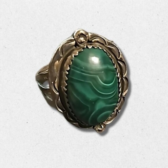 Jewelry - Vintage Genuine Malachite Stone Ring Sterling Silver Frame Signed "R" Emerald OS